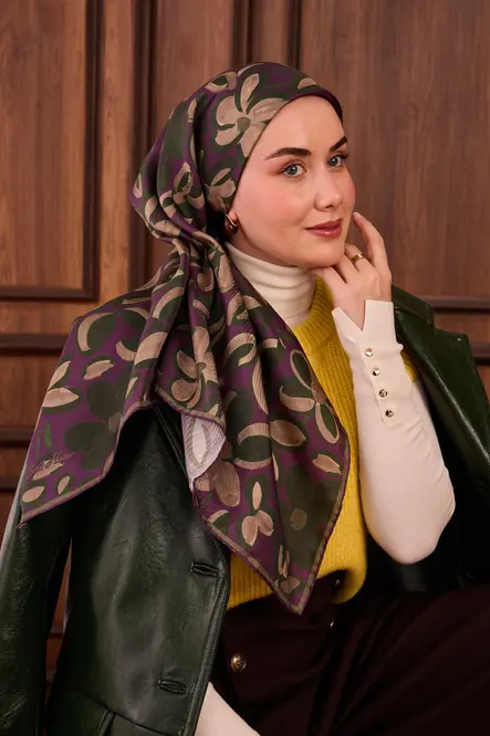 Silk Home Twill İpek Eşarp 11494-12 Erguvan, Yeşil, Vizon