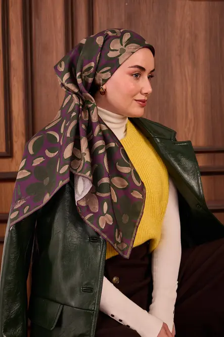 Silk Home Twill İpek Eşarp 11494-12 Erguvan, Yeşil, Vizon