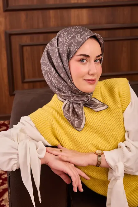 Silk Home Twill İpek Eşarp Gri Çiçek Desen 11496-17