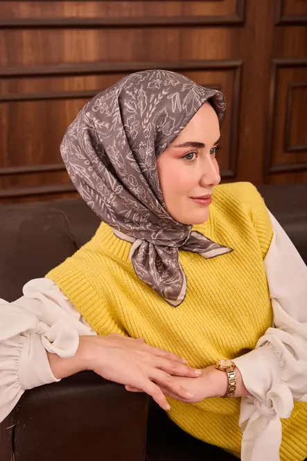 Silk Home Twill İpek Eşarp Gri Çiçek Desen 11496-17