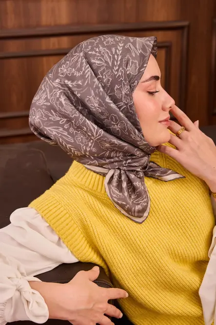 Silk Home Twill İpek Eşarp Gri Çiçek Desen 11496-17
