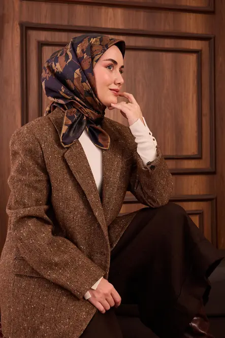 Silk Home Twill İpek Eşarp 11497-20 Lacivert, Kahverengi