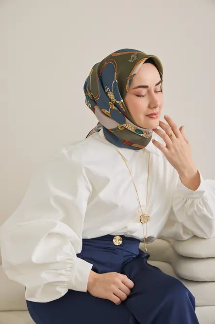 Silk Home Twill İpek Eşarp Kemer Desen İndigo, Yeşil