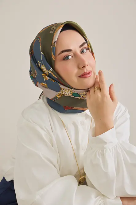Silk Home Twill İpek Eşarp Kemer Desen İndigo, Yeşil
