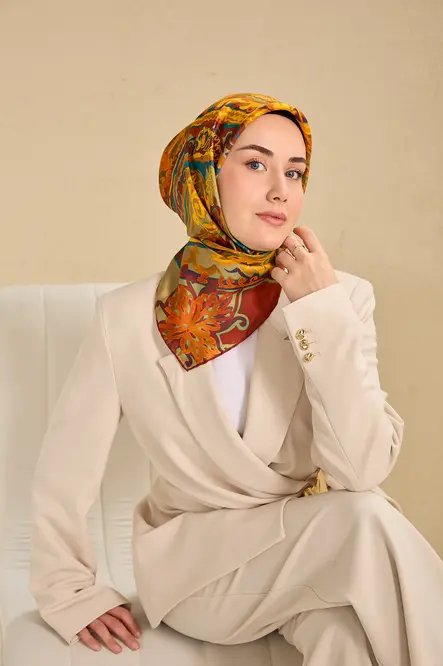 Silk Home Twill İpek Eşarp 11512-07 Koyu Turuncu, Art Desen