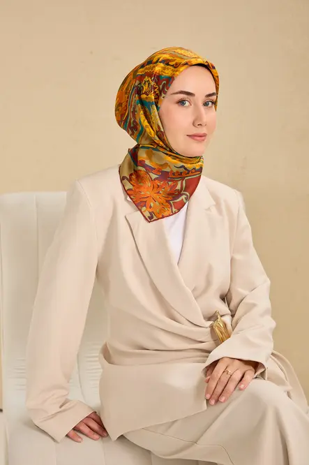 Silk Home Twill İpek Eşarp 11512-07 Koyu Turuncu, Art Desen