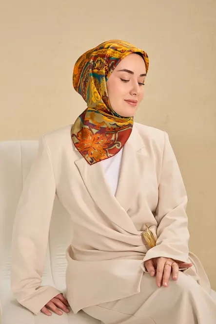 Silk Home Twill İpek Eşarp 11512-07 Koyu Turuncu, Art Desen
