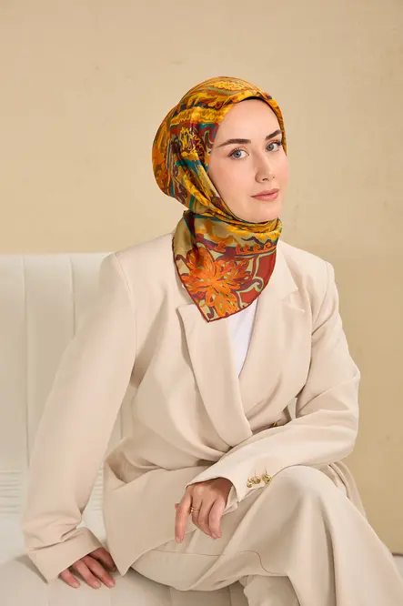 Silk Home Twill İpek Eşarp 11512-07 Koyu Turuncu, Art Desen