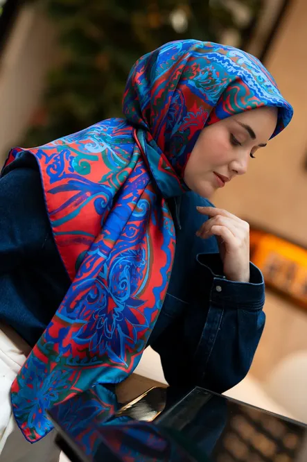 Silk Home Twill İpek Eşarp 11512-08 Saks Mavisi Art Desen