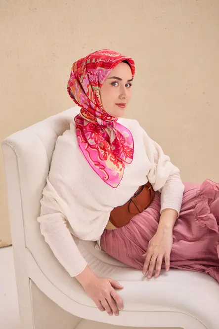 Silk Home Twill İpek Eşarp 11512-14 Fuşya, Pempe, Art Desen