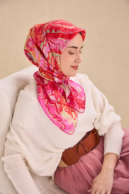 Silk Home Twill İpek Eşarp 11512-14 Fuşya, Pempe, Art Desen