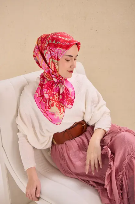 Silk Home Twill İpek Eşarp 11512-14 Fuşya, Pempe, Art Desen