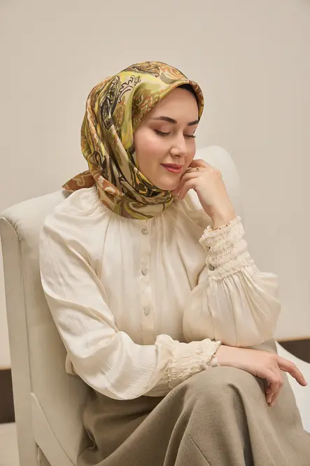 Silk Home Twill İpek Eşarp 11512-28 Yeşil, Sarı, Art Desen
