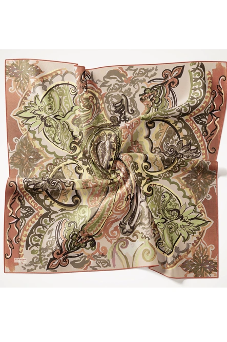 Silk Home Twill İpek Eşarp 11512-28 Yeşil, Sarı, Art Desen