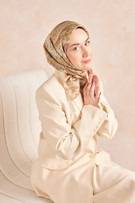 Silk Home Twill İpek Eşarp 11519-01 Taş, Çelik Mavi, Gold, Turuncu