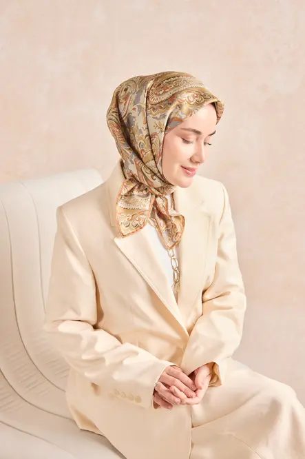 Silk Home Twill İpek Eşarp 11519-01 Taş, Çelik Mavi, Gold, Turuncu