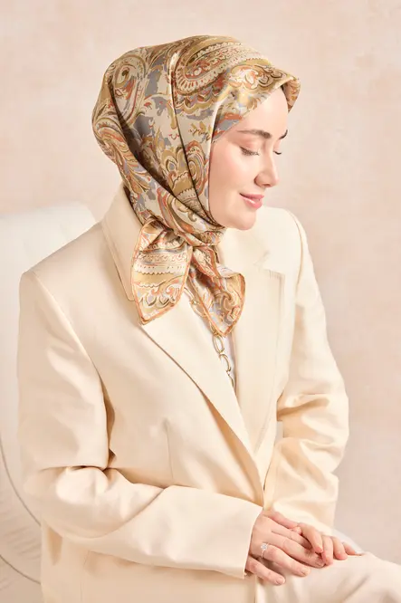 Silk Home Twill İpek Eşarp 11519-01 Taş, Çelik Mavi, Gold, Turuncu