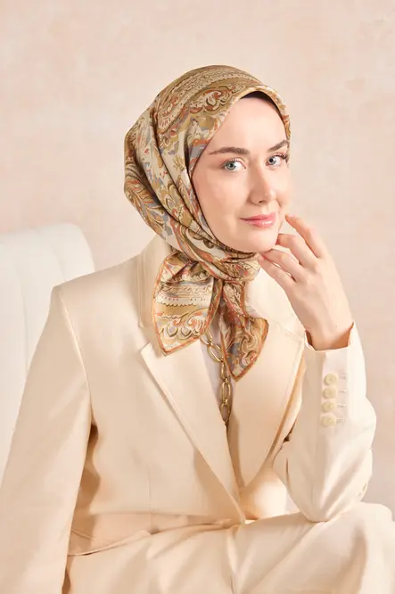 Silk Home Twill İpek Eşarp 11519-01 Taş, Çelik Mavi, Gold, Turuncu