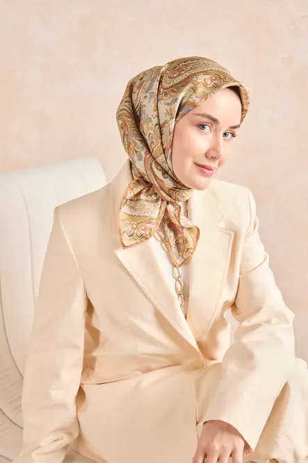 Silk Home Twill İpek Eşarp 11519-01 Taş, Çelik Mavi, Gold, Turuncu