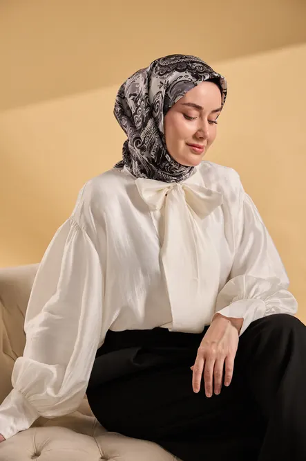 Silk Home Twill İpek Eşarp 11519-12 Siyah, Gri, Gümüş