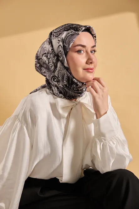 Silk Home Twill İpek Eşarp 11519-12 Siyah, Gri, Gümüş