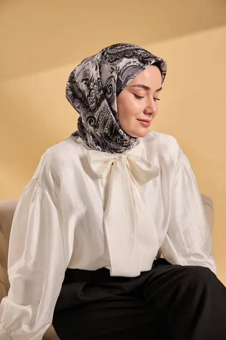 Silk Home Twill İpek Eşarp 11519-12 Siyah, Gri, Gümüş