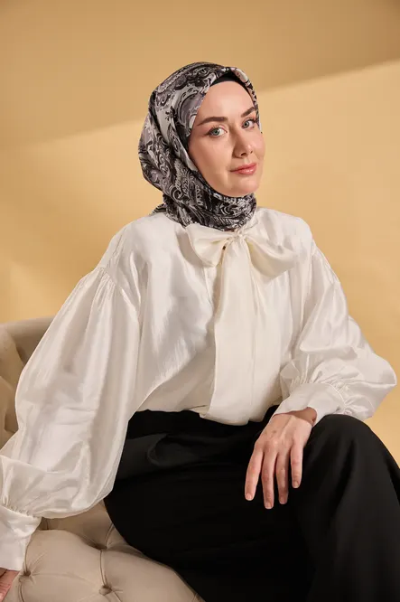 Silk Home Twill İpek Eşarp 11519-12 Siyah, Gri, Gümüş