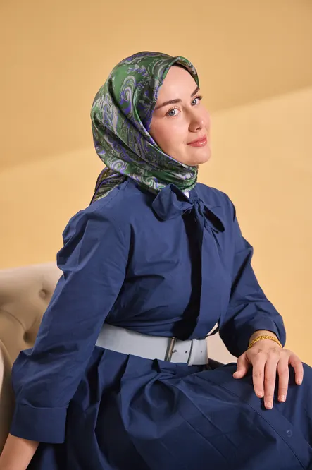 Silk Home Twill İpek Eşarp 11519-16 Yeşil, Mor, Gümüş