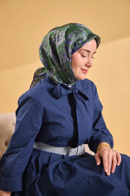 Silk Home Twill İpek Eşarp 11519-16 Yeşil, Mor, Gümüş
