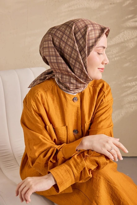 Silk Home Twill İpek Eşarp 11523-16 Vizon Ekose Kareli