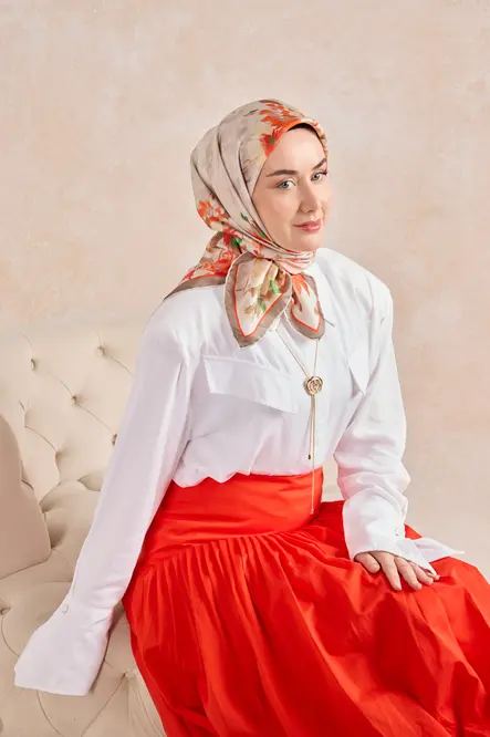 Silk Home Twill İpek Eşarp 11534-13 Kırmızı, Vizon, Turuncu