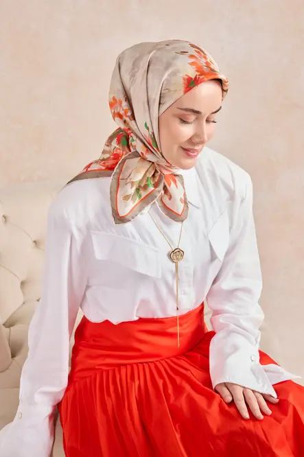 Silk Home Twill İpek Eşarp 11534-13 Kırmızı, Vizon, Turuncu