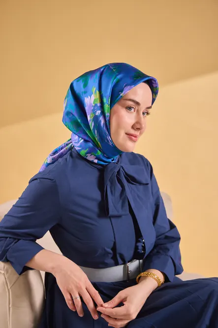 Silk Home Twill İpek Eşarp 11534-20 Koyu Mavi, Lila, Yeşil, Asit