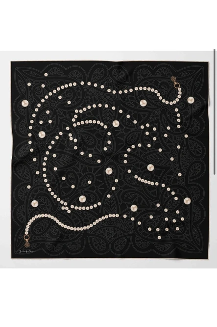 Zerafetim Twill İpek Eşarp Siyah İnci Desen