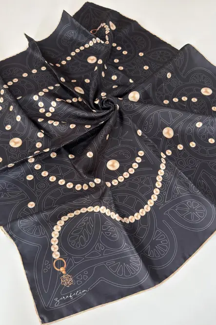Zerafetim Twill İpek Eşarp Siyah İnci Desen