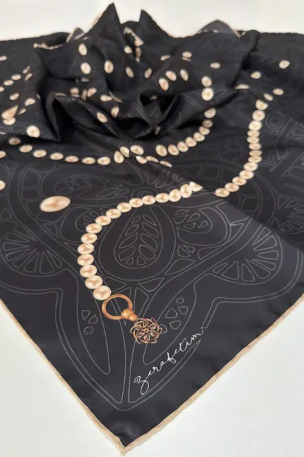 Zerafetim Twill İpek Eşarp Siyah İnci Desen