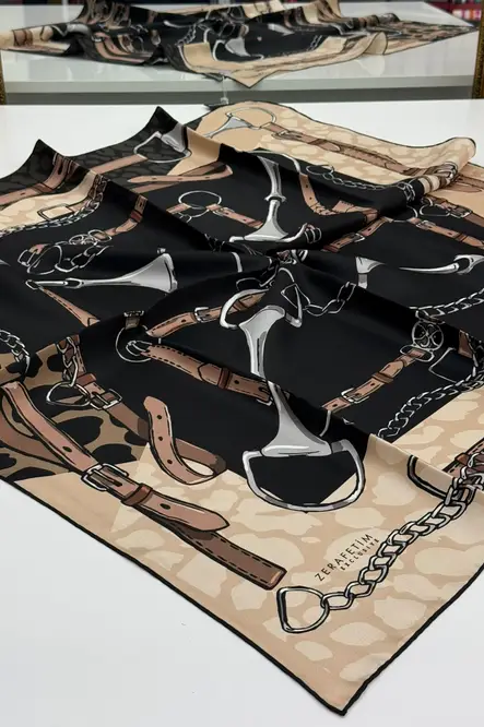 Zerafetim Exclusive Twill İpek Eşarp Siyah, Sütlü Kahve, Gri