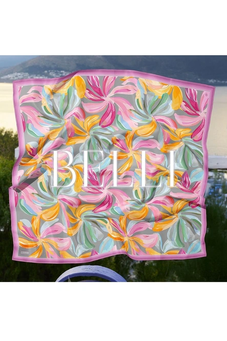 Belli Twill İpek Eşarp Gri, Pembe, Turuncu