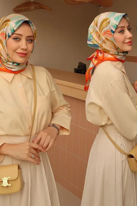 Belli Twill İpek Eşarp Krem, Turuncu, Mavi