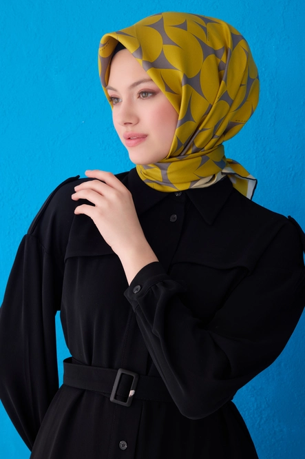 Belli Twill İpek Eşarp Sarı, Gri 4117-33