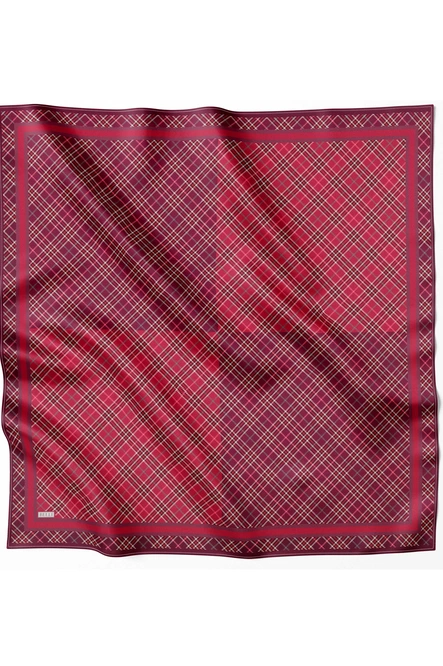 Belli Twill İpek Eşarp Ekose Kareli, Kırmızı, Bordo