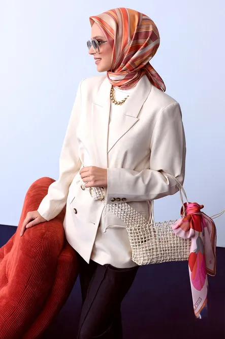 Belli Twill İpek Eşarp 4311-33 Turuncu, Krem, Koyu Pudra