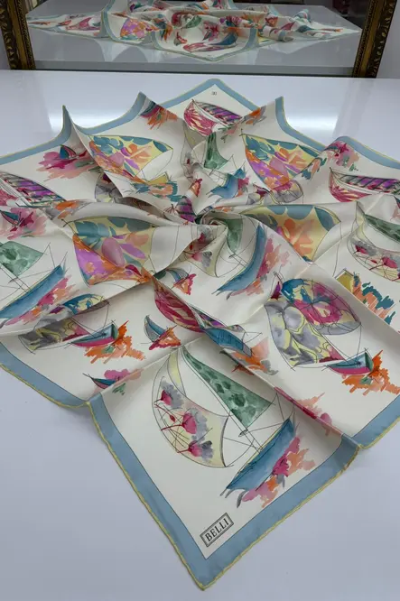 Belli Twill İpek Eşarp Krem, Bebe Mavi, Sarı