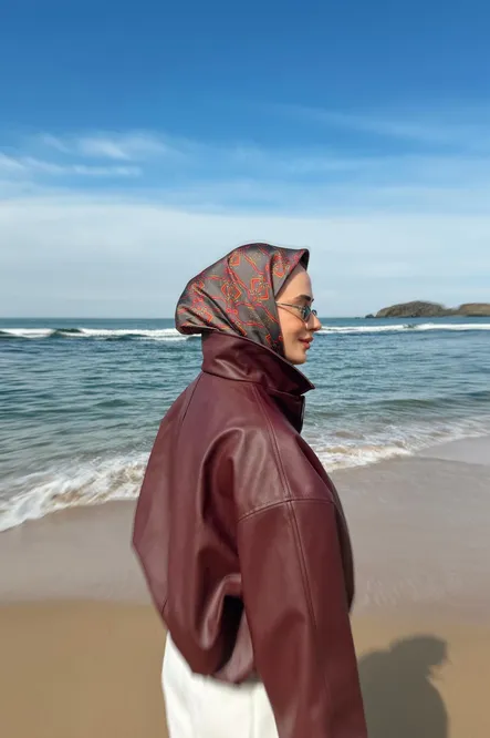 Belli Twill İpek Eşarp Füme, Fuşya, Alev Turuncu 4328-05