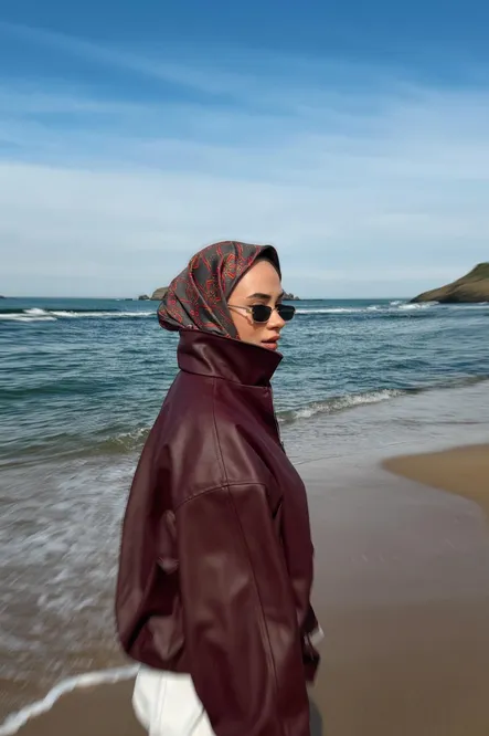 Belli Twill İpek Eşarp Füme, Fuşya, Alev Turuncu 4328-05