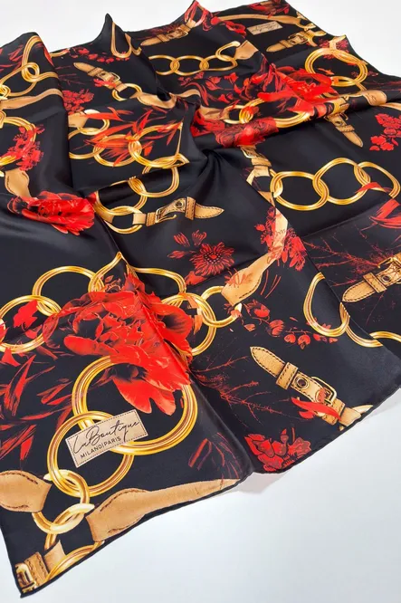 La Boutique Twill İpek Eşarp Siyah, Kırmızı