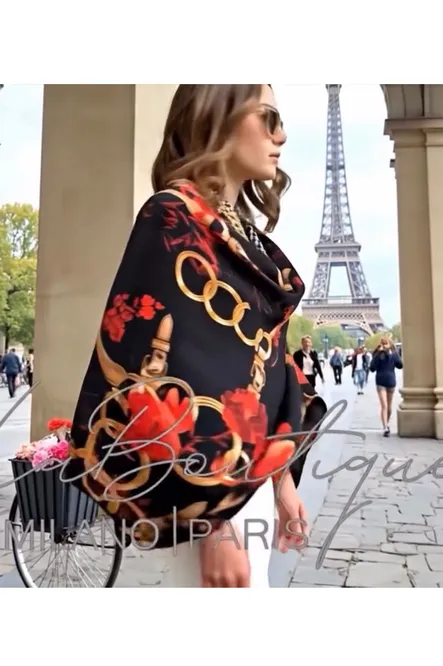 La Boutique Twill İpek Eşarp Siyah, Kırmızı