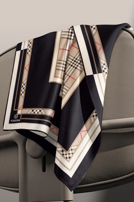 Vissona Twill İpek Eşarp Siyah, Vizon, Krem, Kırmızı, Ekose Desenli