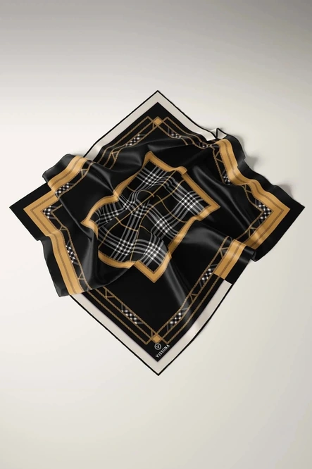 Vissona Twill İpek Eşarp Siyah, Gold, Krem, Ekose Desenli