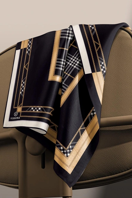 Vissona Twill İpek Eşarp Siyah, Gold, Krem, Ekose Desenli